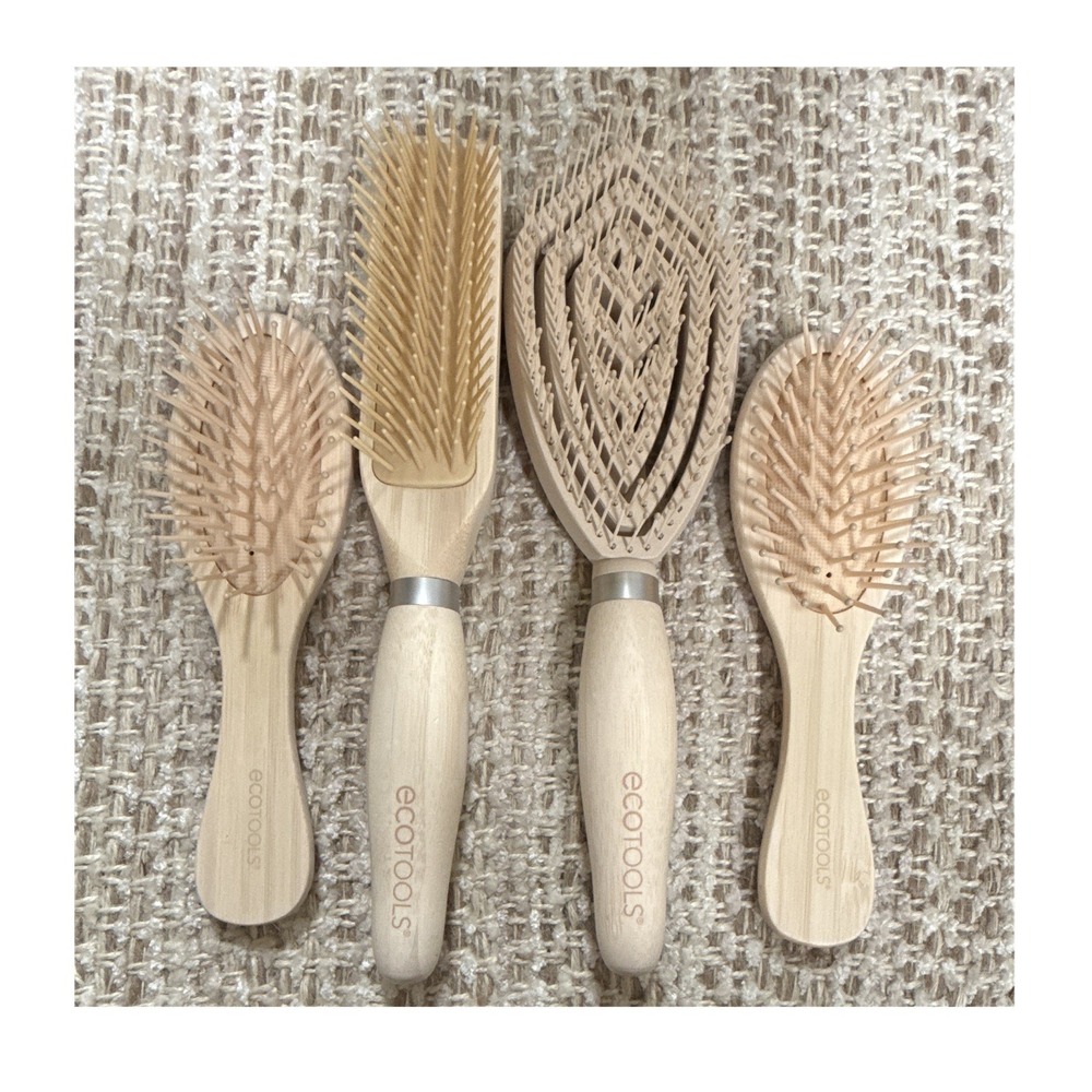 New EcoTools Wood Detangling Hair Brush Set 4pc Beige‎ Leaf Shape Unisex Bamboo